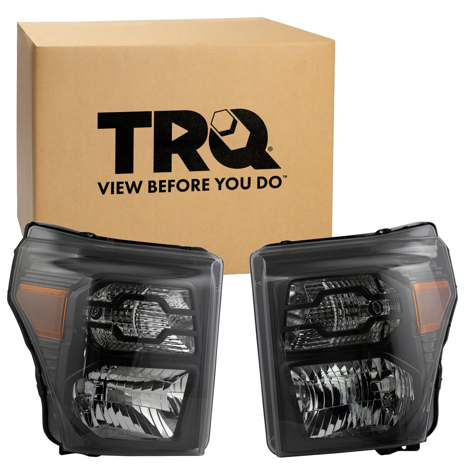 TRQ 2 Piece Headlight Assembly Set Halogen Black Bezel Driver &amp; Passenger Side Compatible with 2011-2016 Ford F-250 Super Duty F-350 Super Duty FO2502290 FO2503290