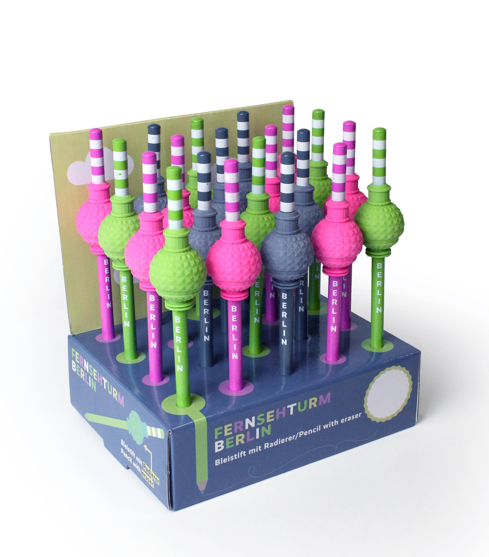 NEUE FREUNDE Berlin Bleistift mit Radiergummi - 20 Stück - Souvenir Fernsehturm Alexanderplatz - Display mit 20 Stück - HB Bleistift mit Radierer