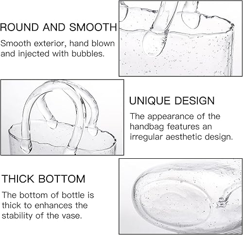 Miniatura 3 de Fixwal Florero de cristal para flores, florero transparente con asa y burbujas, 7.7 x 7.3 pulgadas, forma de bolsopecera, jarrones decorativos para