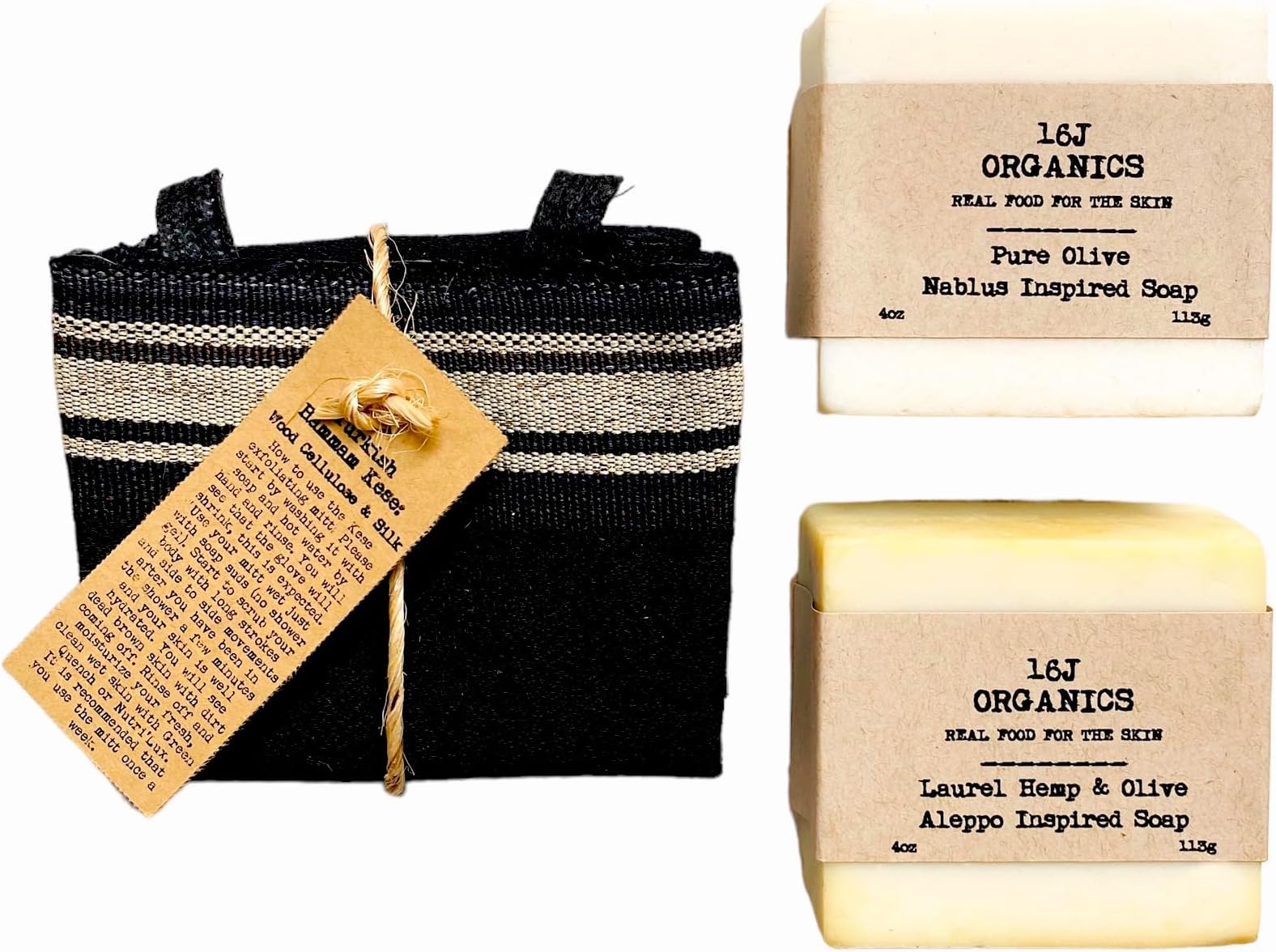 Handmade- Turkish Hammam Spa Bath - Extra Thick Kese Body Scrub Mitt & Artisanal Olive & Laurel Berry Soaps