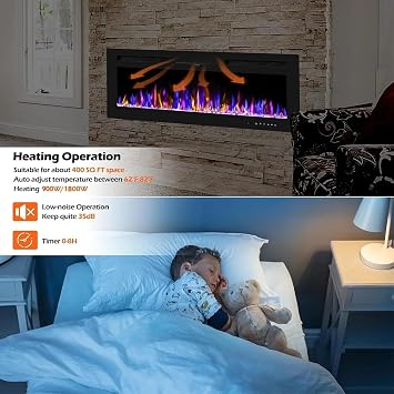 Electric Fireplace 50inch/127cm,Wall Mounted electric fire with Remote Control,12 Realistic 3D Flame Colors,2 Heat Settings 900/1800W,Adjustable Flame Brightness,with Touch Screen Control