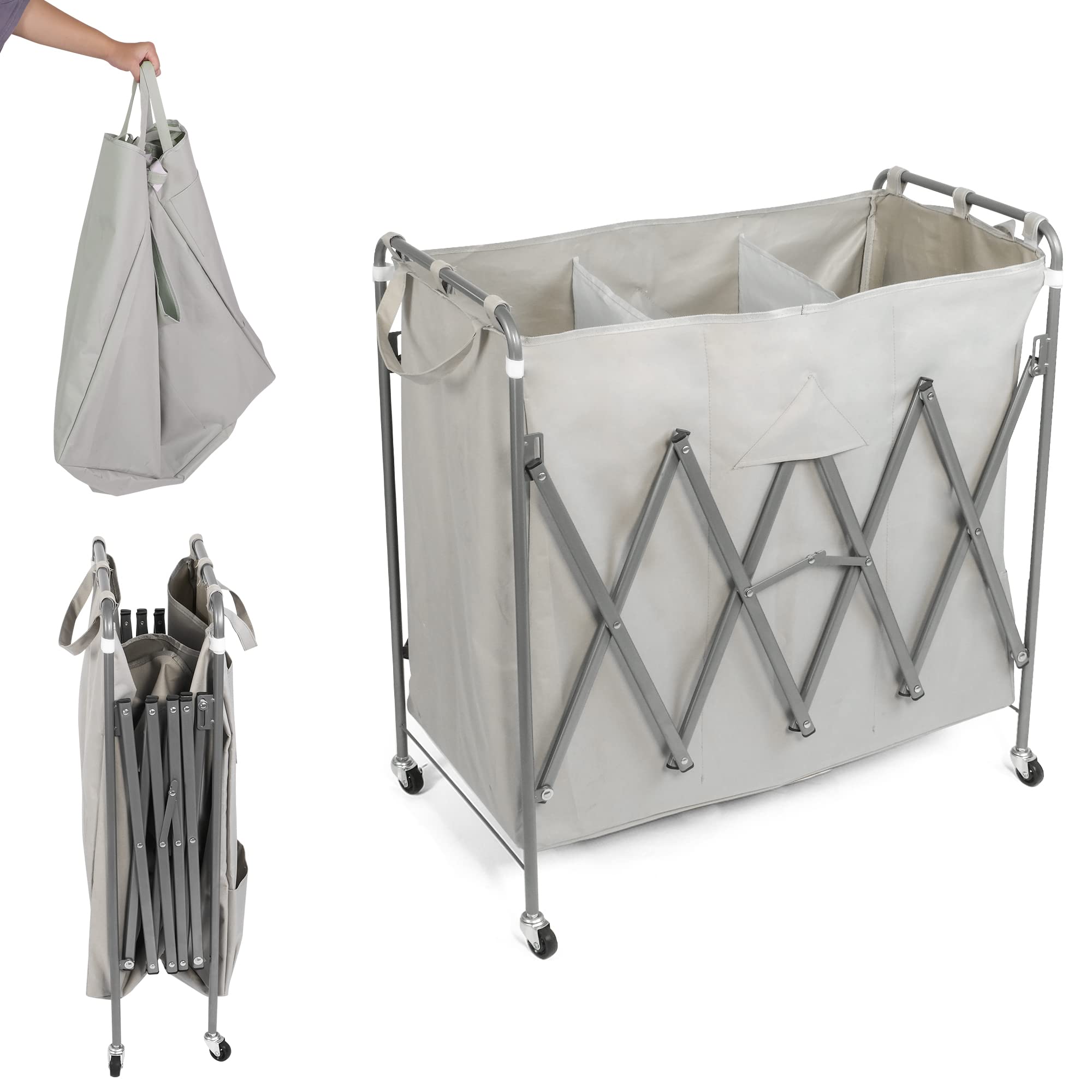 Vilobos Folding 3 Section Laundry Cart Sorter, Laundry Hamper with Heavy Duty Lockable Wheels and Removable Bags, Rolling Laundry Basket, Grey