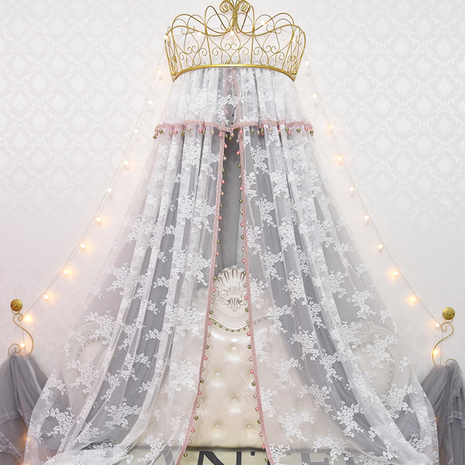 Ciel de lit princesse en dentelle double couche couronne dorée