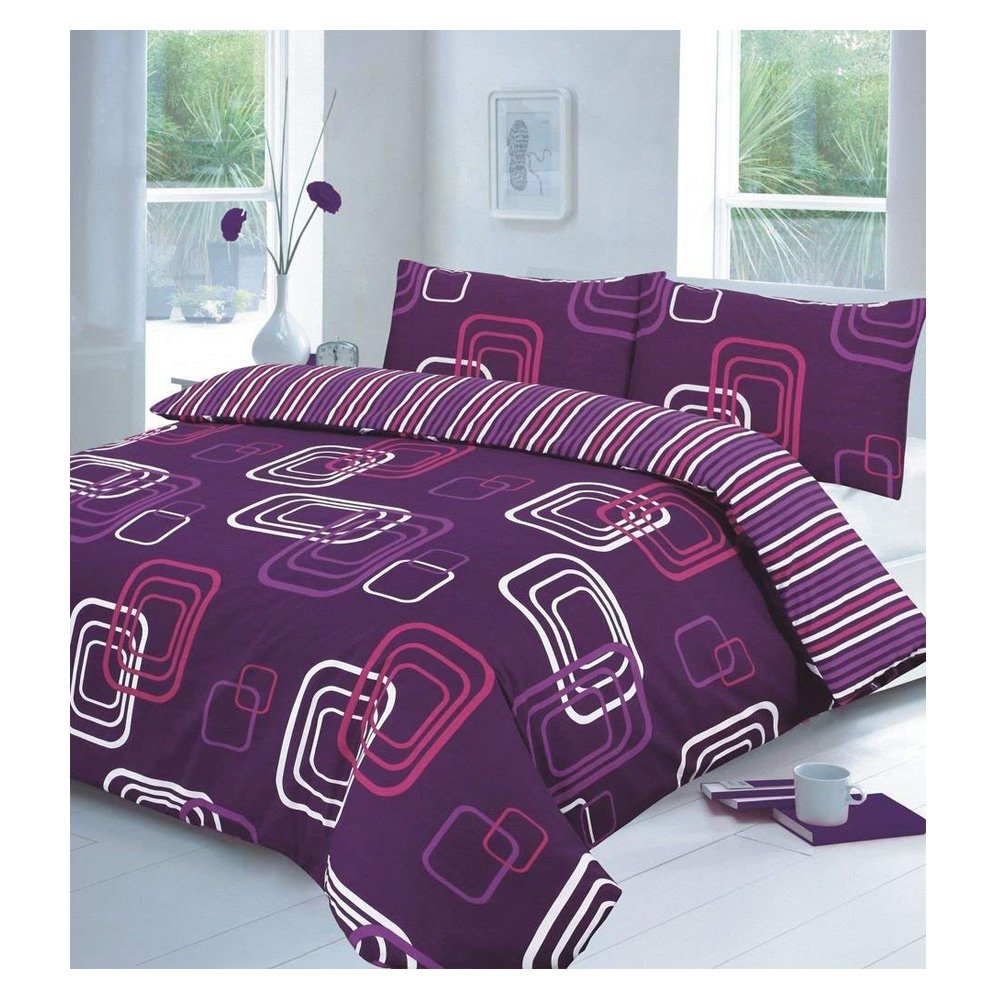 De Lavish Blake Plum Duvet Cover Set Double With Pillowcases Quilt Reversible Poly Cotton,
