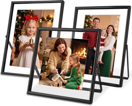 Black Floating Picture Frames - Set of 3, for Photo Size 44, 46, 57, Vertical Tabletop Display, Double Glass Metal Frame for Wedding, Home or Office Desk Decoration Black