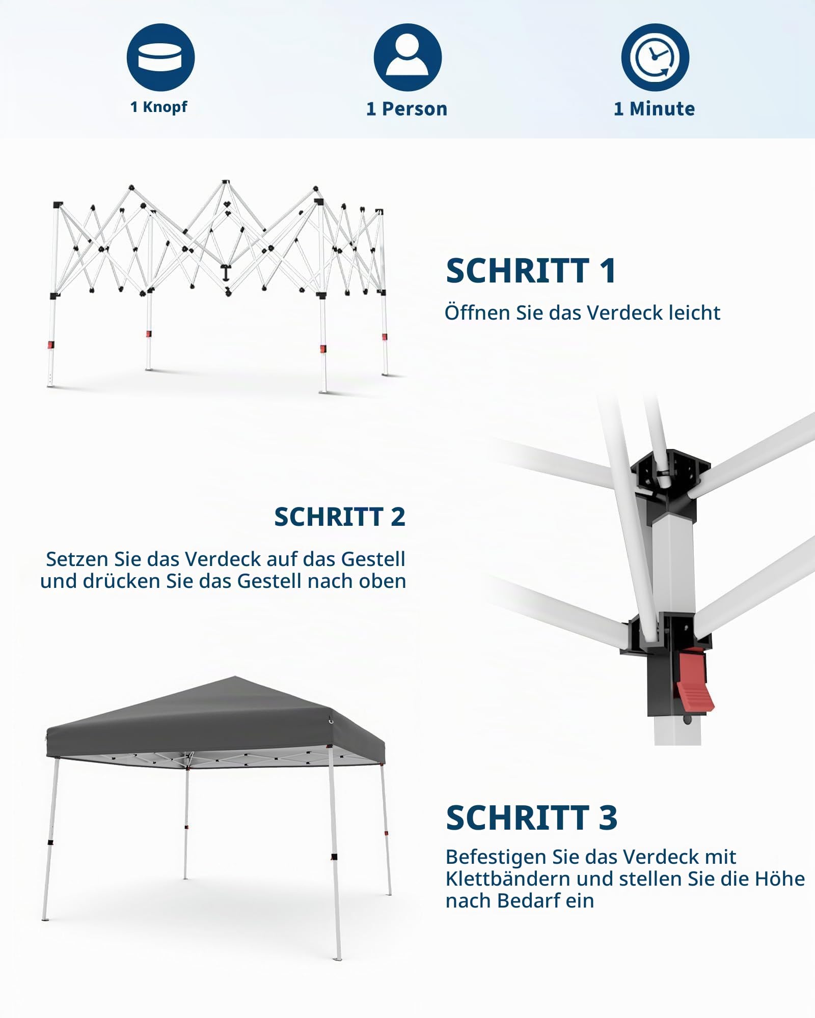 Pop Up Pavillon Mit Überdachung, Faltbares Outdoor Gazebo, Tragbar Faltpavillon Gartenzelt UV-Schutz, Tragetasche, Leichter Regenschutz, Ideal Für Garten, Terrasse, Party, Strand, Grau