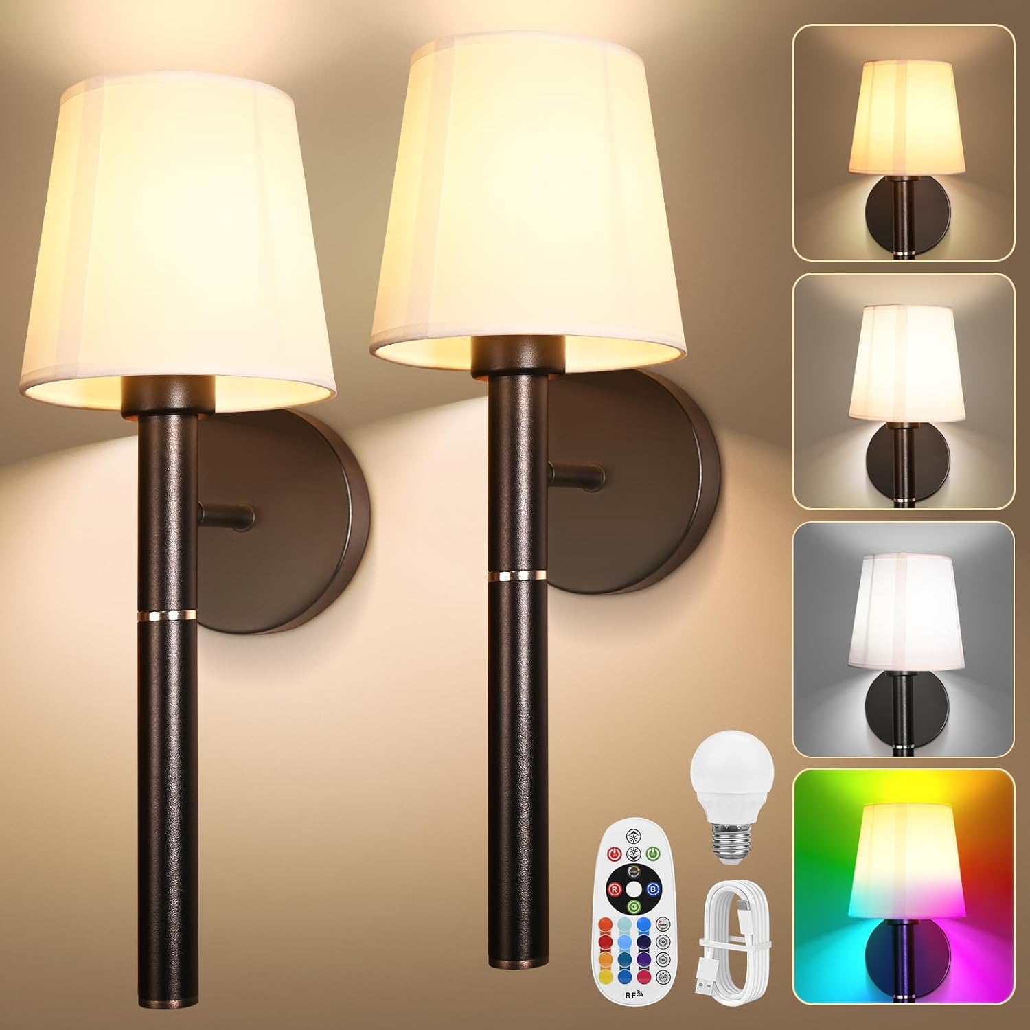Battery Operated Wall Sconce Set of 2, 5200mAh RGB Wireless Wall Lights with Detachable Charging Stick & Dimmable Bulbs, 12 Colors Rechargeable Wall Lamps for Bedroom Living Room Hallway Decor, Gold