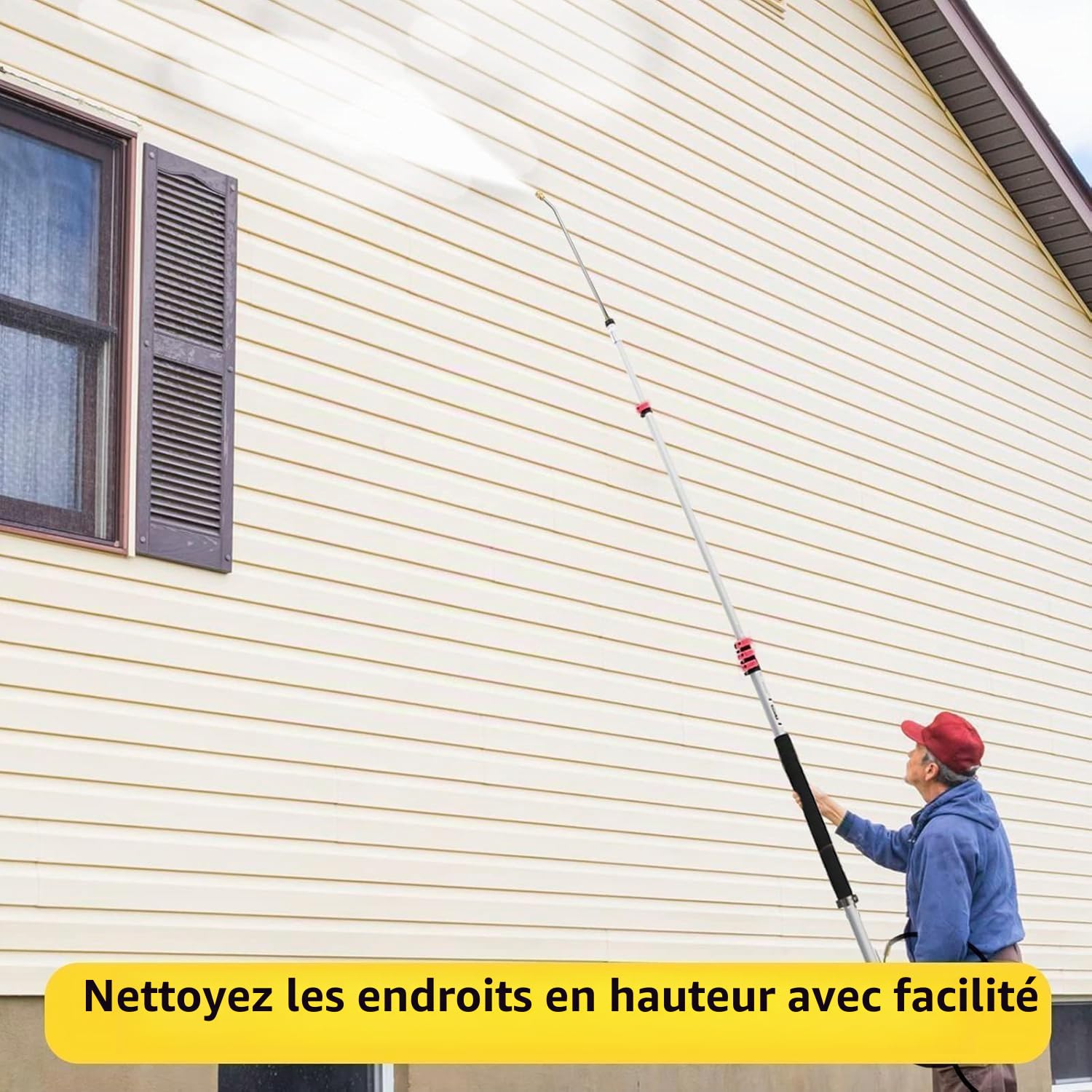 Baguette télescopique pour nettoyeur haute pression de 7,3 m avec baguettes d'extension pour nettoyeur haute pression, tête de brosse, nettoyeur de gouttière, 7 embouts de buse de pulvérisation, 2