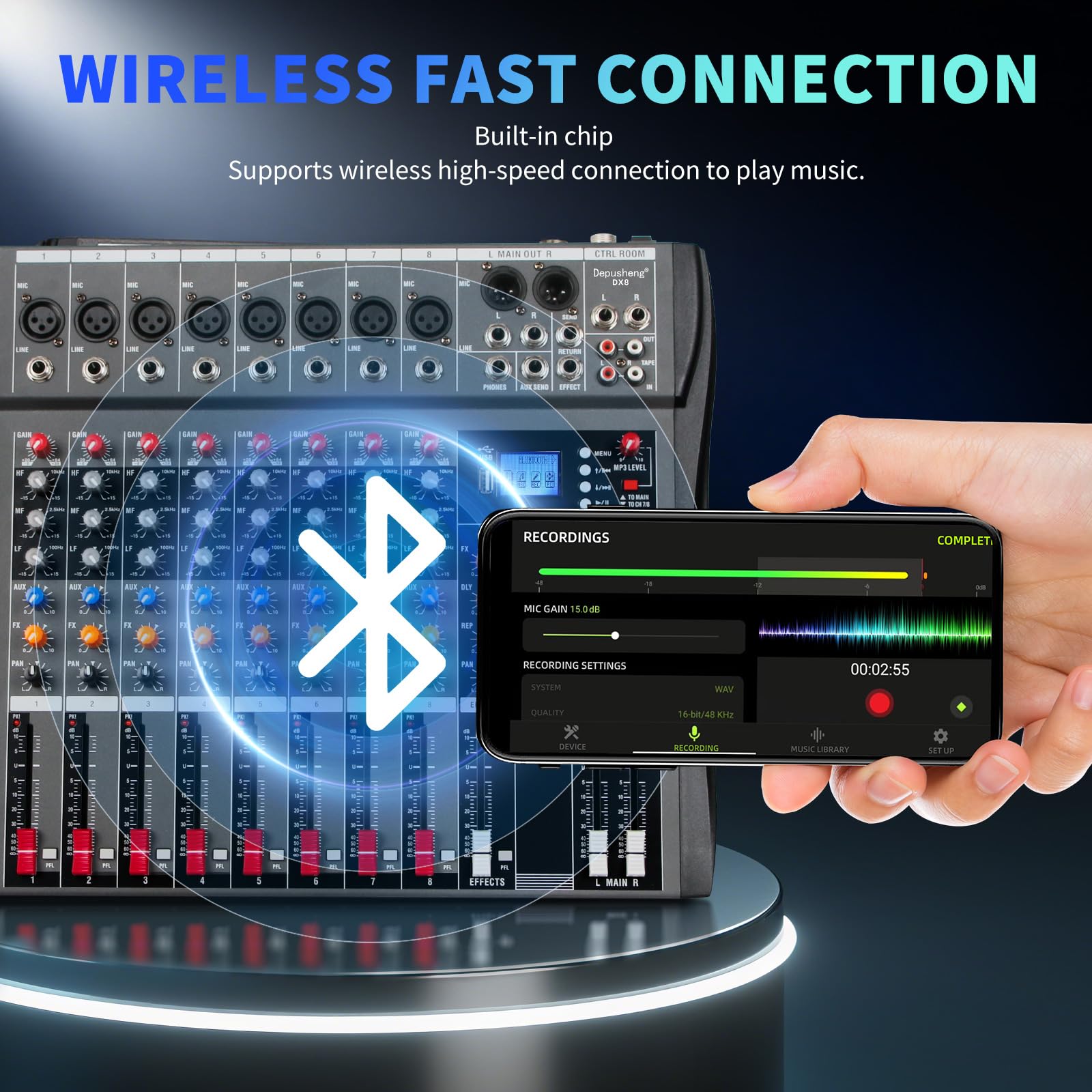 Depusheng DX8 Professional Mixer Sound Board Console 8 Channel Desk System Interface Digital USB MP3 Input 48V Phantom Power Stereo DJ Studio FX Steel Chassis,Black Bluetooth USB Audio Mixer for PC