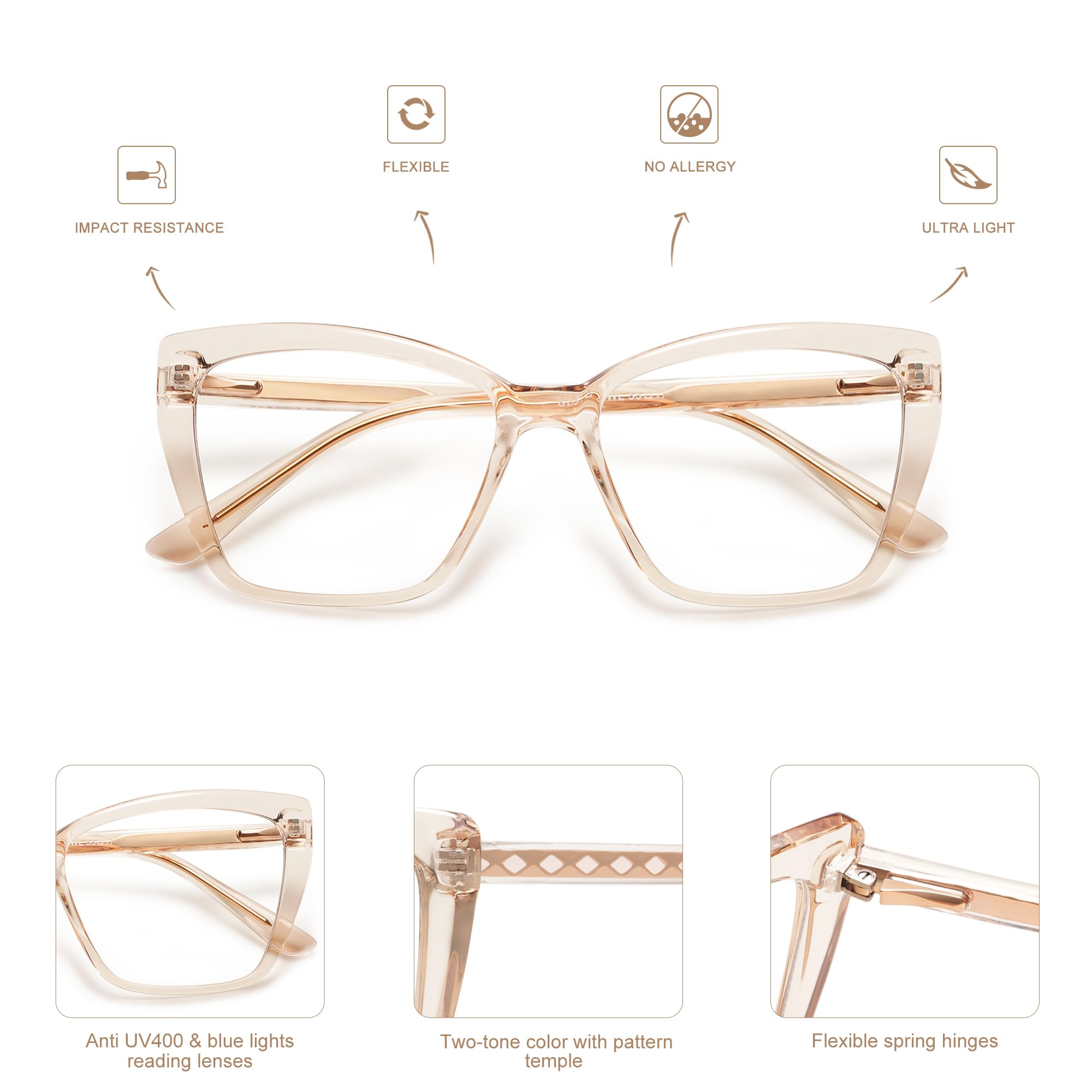 AMOMOMA Trendige TR90 übergroße Blaulicht-Lesebrille für Damen, stilvolle quadratische Katzenaugenbrille AM6031