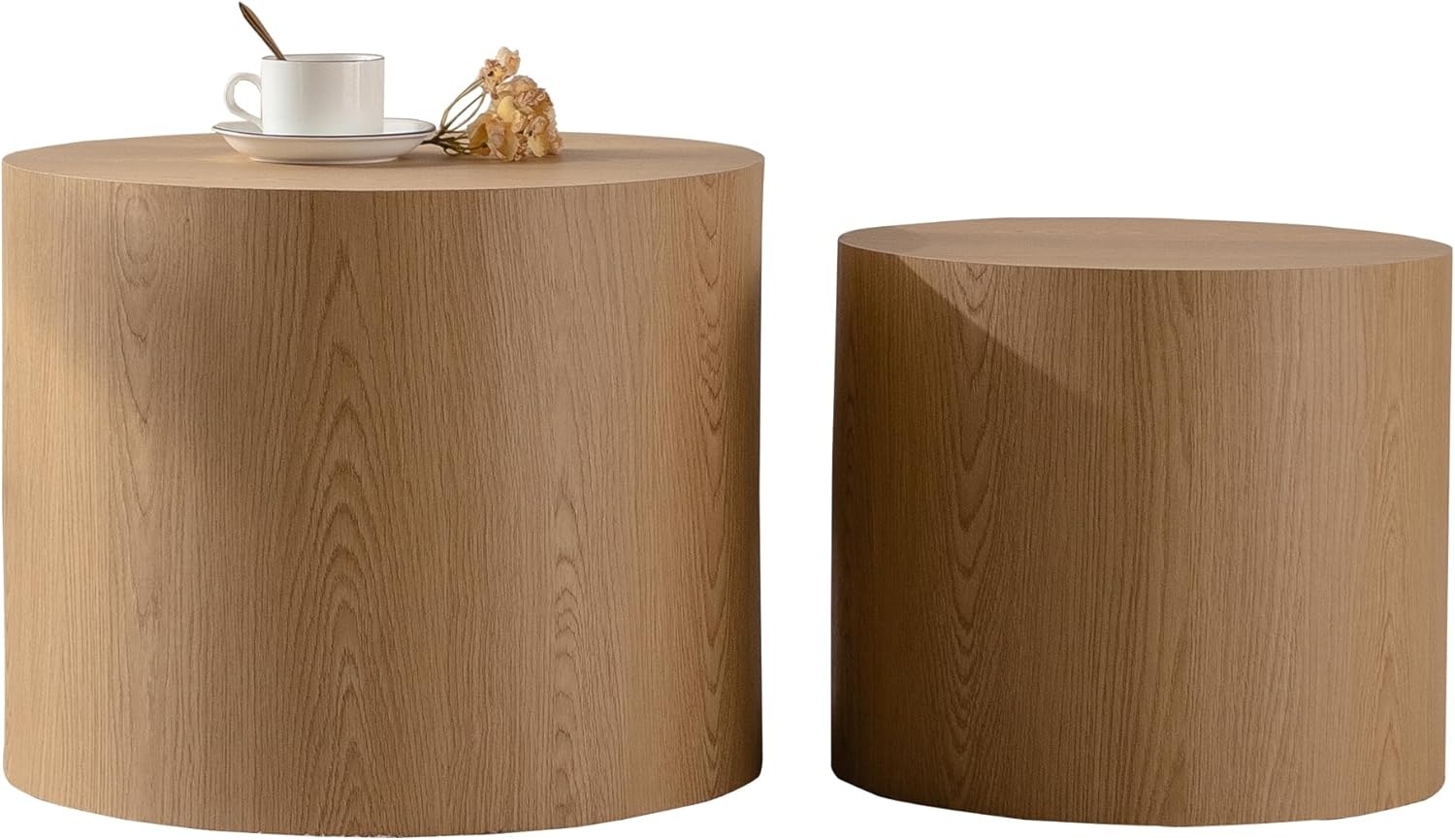 Retro Nesting Coffee Table Set of 2, 33.86" Round Wood Coffee Tables, Circle Modern Accent End Side Table for Small Space Living Room (Natural Wood)