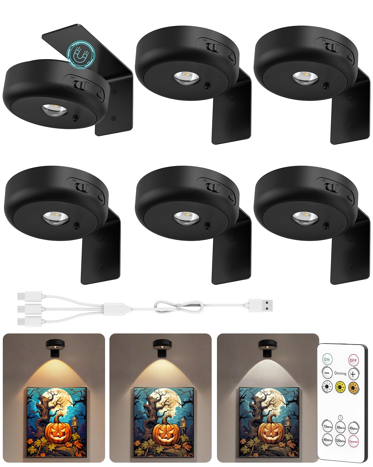 GOODEA Lichtleuchte Kabellos 2200mAh Aufladbar LED Spot Akku mit Fernbedienung und Timer- 3 Farben Dimmbar Bildbeleuchtung Kabellos Licht für Wand Bild Vitrinen Halloween Beleuchtung 6er Set