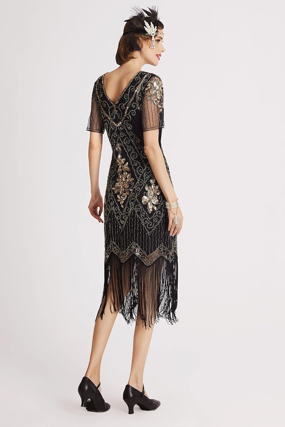 BABEYOND 1920s Art Deco Fringed Sequin Dress Roaring 20s Flapper Fancy Dress Black and Gold X-Small