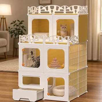 Cat Cage with Built-in Litter Box & Interactive Platform, Top Storage Shelf, Cat Cage Indoor & Outdoor Use, Expandable Cat Playpen