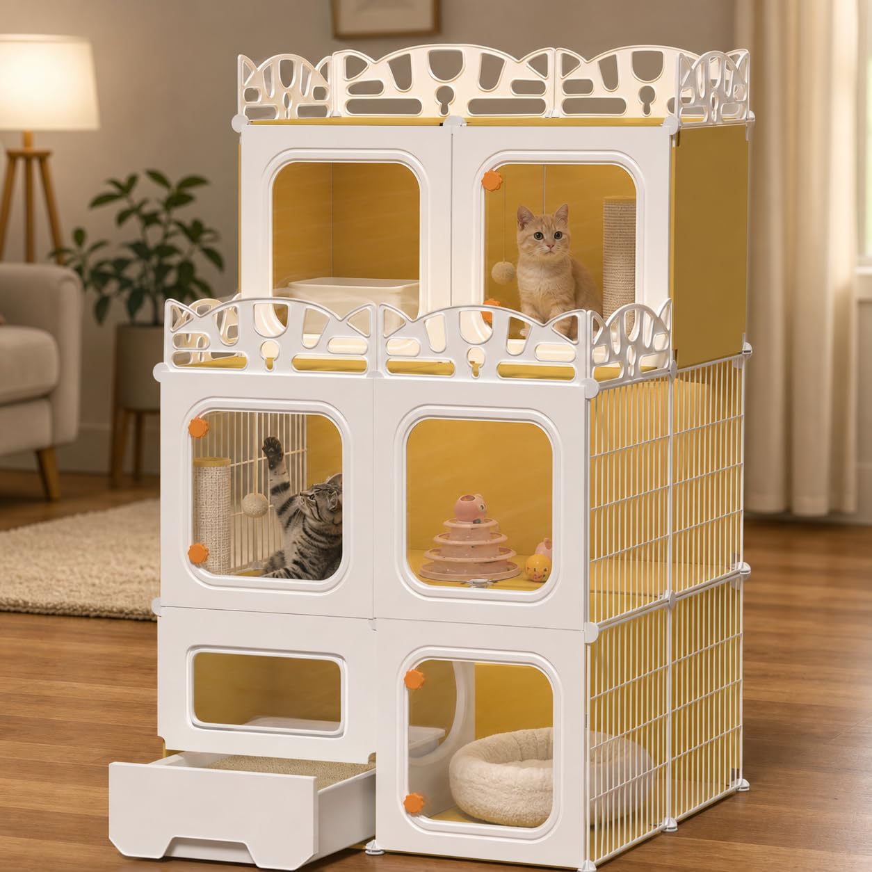 View 1 of ***DAMAGED - SEE NOTES/PICTURES*** Cat Cage with Built-in Litter Box & Interactive Platform, Top Storage Shelf, Cat Cage Indoor & Outdoor Use, Expandable Cat Playpen