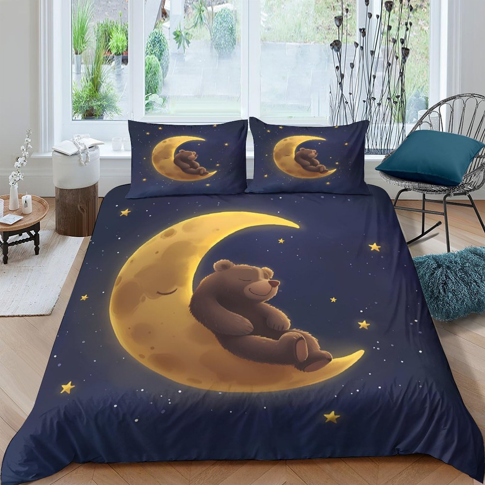 GPLZQXKJNH 3D Printed Moon Bear Duvet Cover Microfiber Soft Breathable Starry Sky Bedding Set with 2 Pillowcases for Bedroom Decor Single（135x200cm）