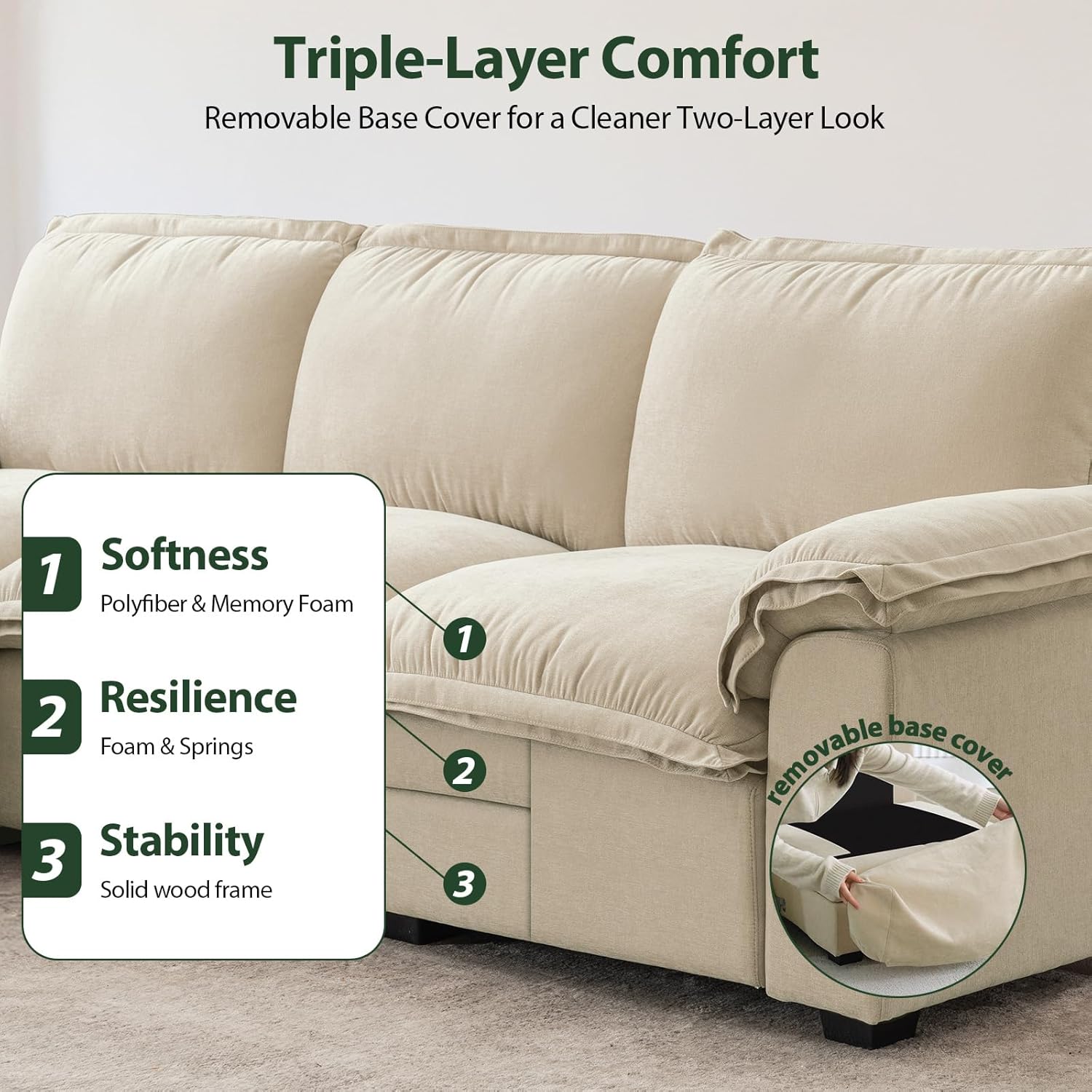 Cloud Couch Sectional for Living Room L Shaped Couch Modular Sectional Sofa Chenille Fabric for Apartment Ivory Beige