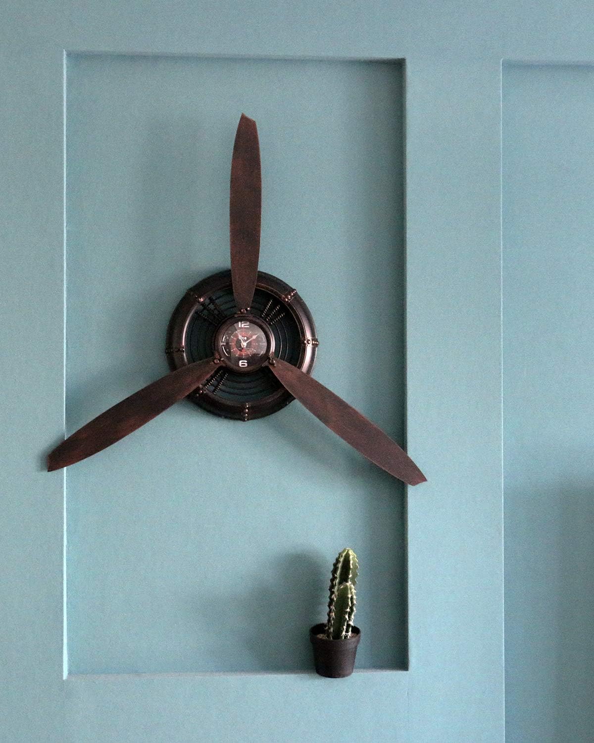 Metal Wall Decor Art Antique Airplane Propeller Aviation Wall Clock for Living Room Bedroom Rustic Wall Sculptures Brown 29.5×26.4 inches