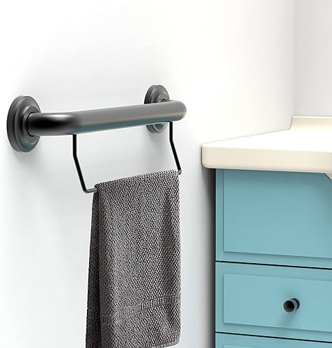 Miniatura 7 de Barandilla de agarre compatible con ADA con toallero, soporte de peso de 500 libras, 1-14 x 16 pulgadas para montaje de perno, negro mate