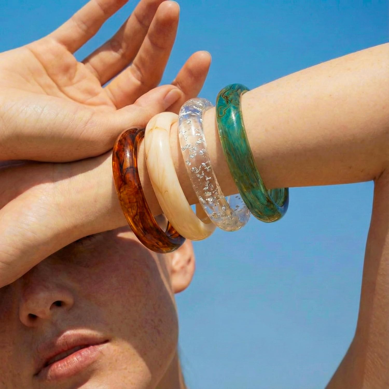 Viva Joya Round Resin Acrylic Bangle Bracelet for Women, Statement Chunky Wide or Slim Plastic Geometric Jewelry, Marble White Brown Teal - Image 2