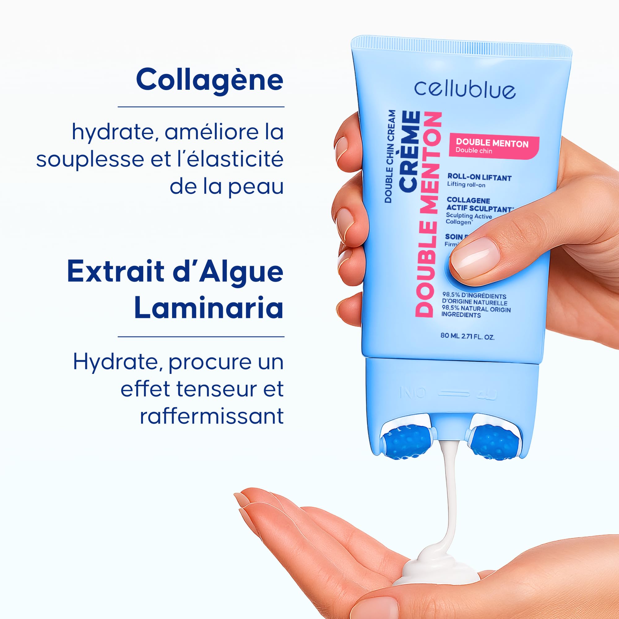 Crème Roll-on Double Menton - Soin Raffermissant Cou, Décolleté & Ovale du Visage - Massage Drainant aux Micro-Picots - Collagène & Algue Laminaria - 98,5% d'Origine Naturelle - 80 ml