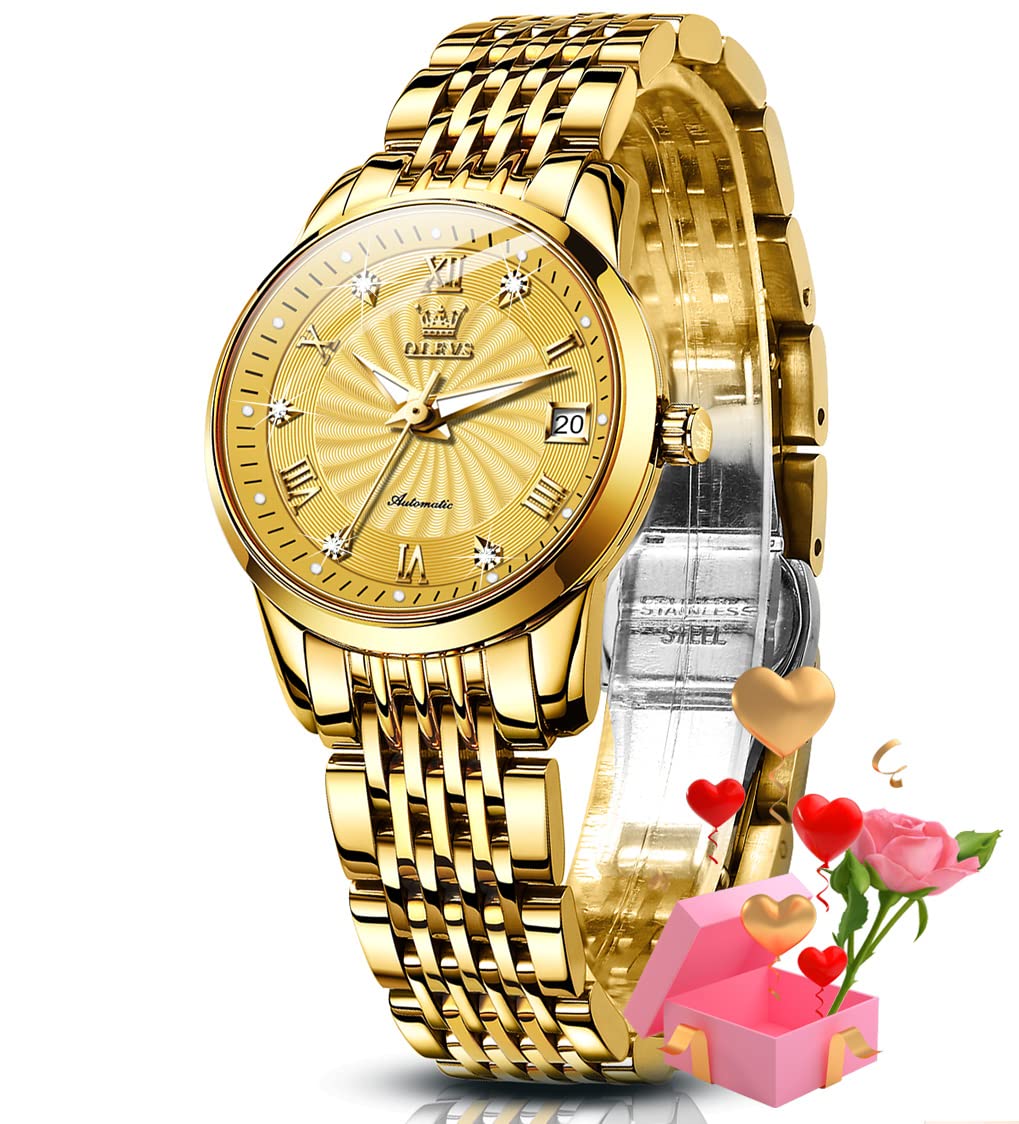 OLEVS Women Automatic Watch Diamond Mechanical Self Winding Fashion Elegant Dress Wrist Watch Gold Luminous Waterproof Stainless Steel Date