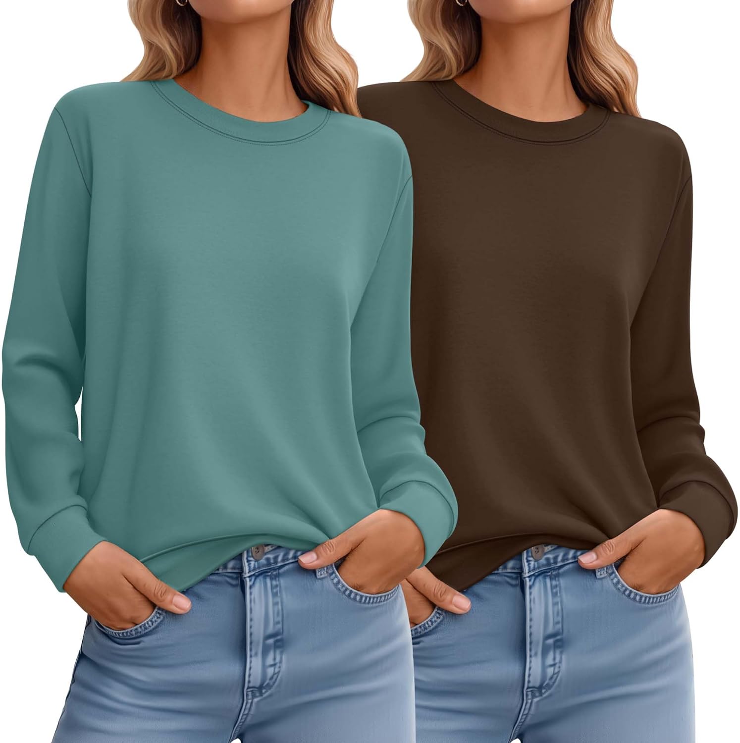 Ficerd 2 Pack Women's Casual Sweatshirts, Crew Neck Loose Fit Basic Tops Lightweight Cute Pullover Fashion Fall Outfits