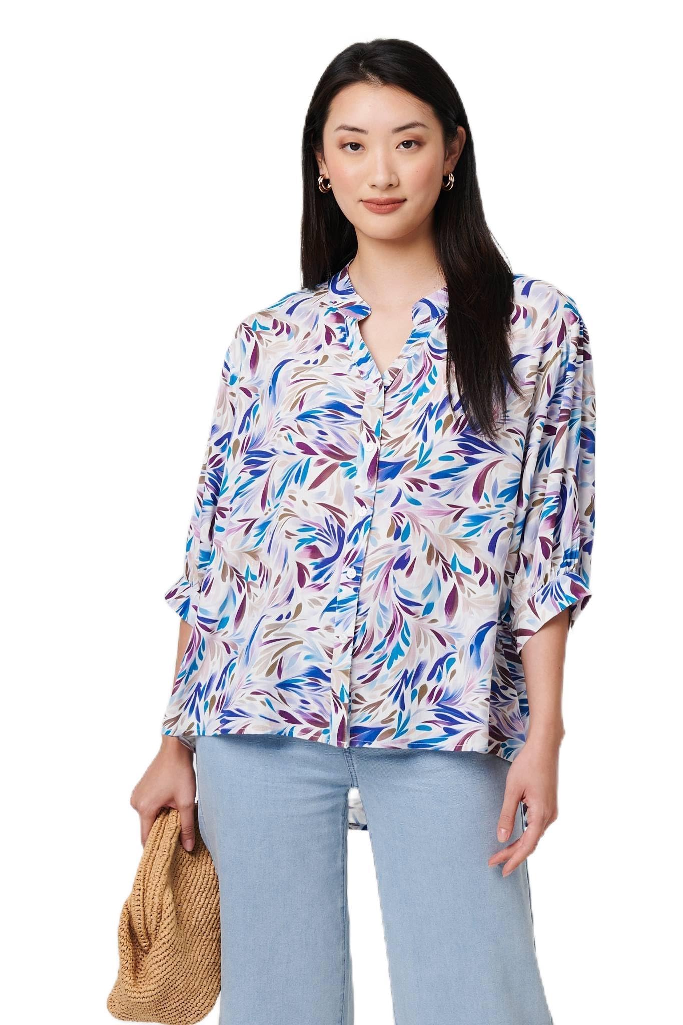 Izabel London Women's Blue.1 Abstract Curve Hem 3/4 Sleeve Shirt For Uk With A V-Neck, Buttons And A Relaxed Shape.