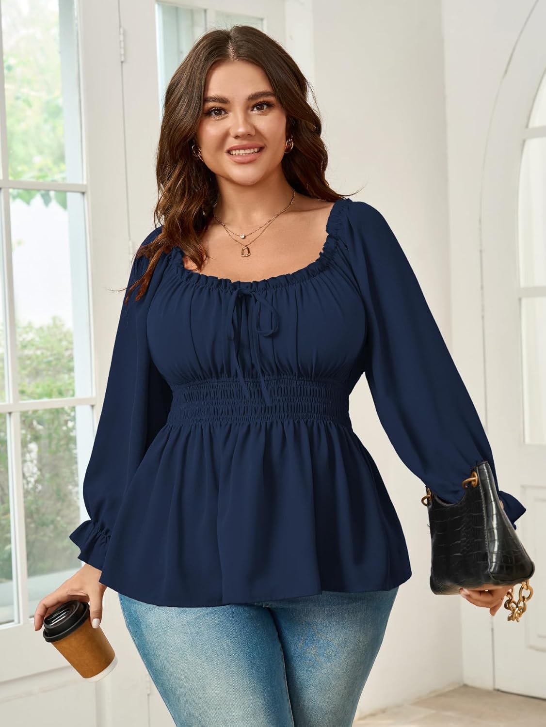 Womens Plus Size Tops Square Neck Long Sleeve Blouse Babydoll Ruffle Peplum Smocked Cute Top - Image 3