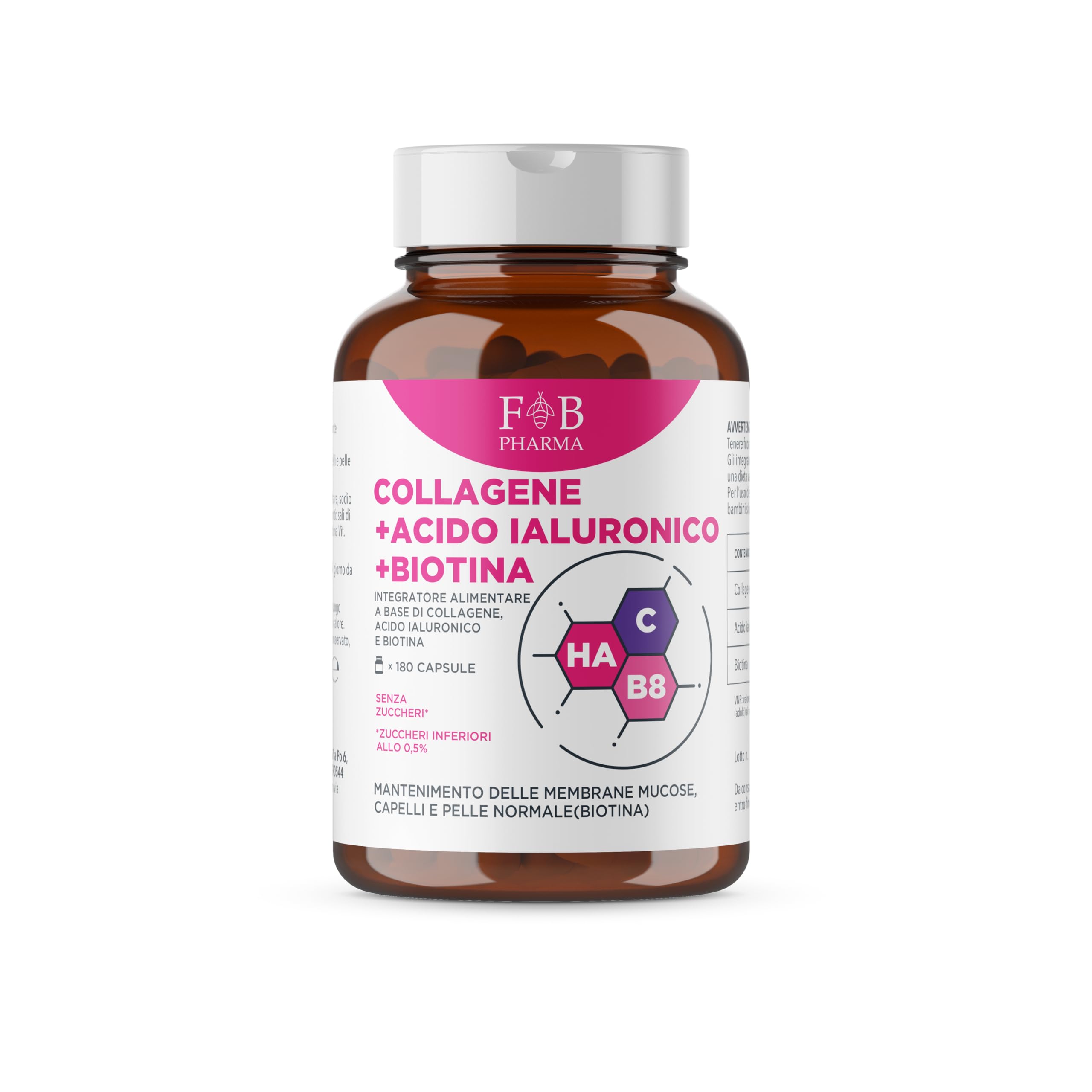 FB Pharma - integratore collagene e acido ialuronico e biotina - 180 capsule - Integratori articolazioni e cartilagine - capelli e pelle - Formula studiata in Italia