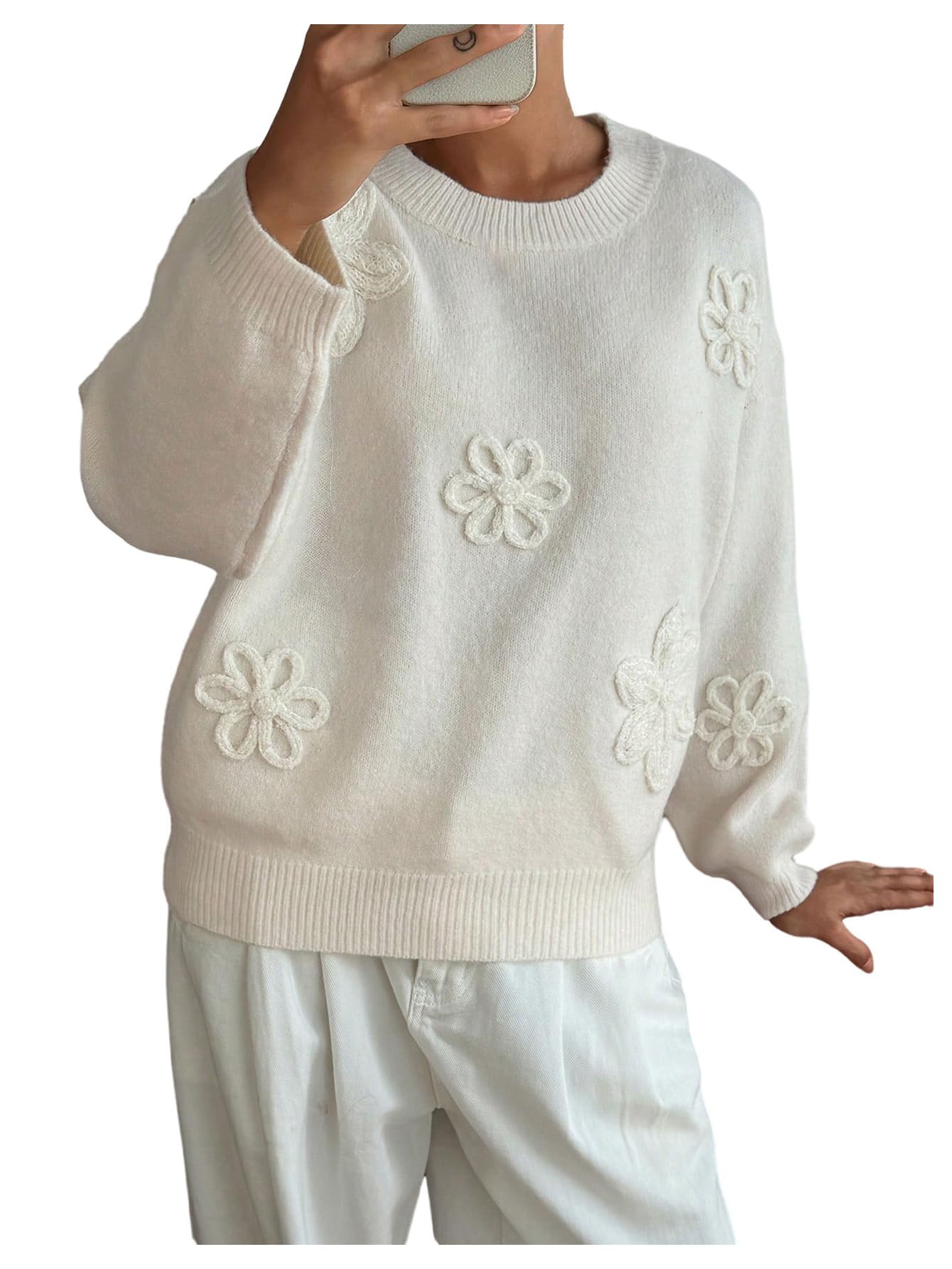 Womens 3D Floral Appliques Crewneck Sweaters Long Sleeve Drop Shoulder Pullovers Elegant Knit Tops
