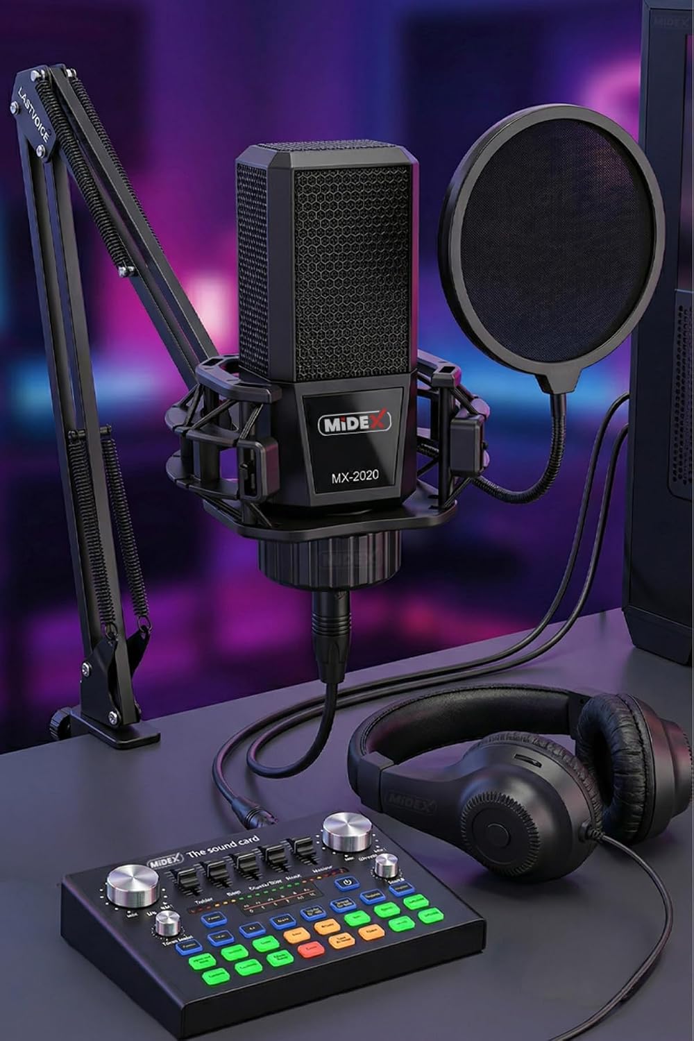 Sound Card Microphone Stand Set with Effects Compact for PC and Phone, Wired Connection, White - White