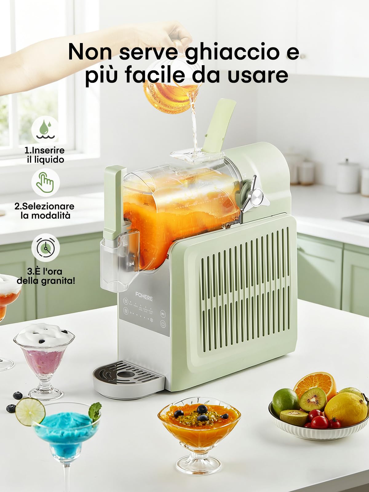 FOHERE Macchina per Granita, 5 programmi preimpostati, macchina per granite domestiche da 2,6 litri con autopulizia, per Granite, Cocktail, Frappé, Milkshake e Succhi, Senza Bisogno di Ghiaccio