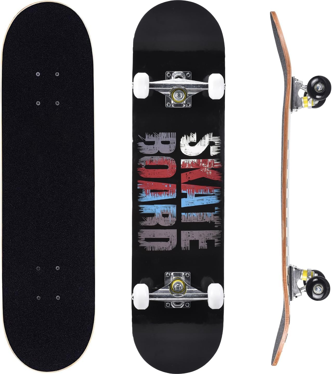 ERNAN Complete Skateboard for Beginners,31 x 8 Inch Double Kick Skateboard for Kids Teenagers & Adults. with Skate T-Tool. (BLACK AND BLUE)