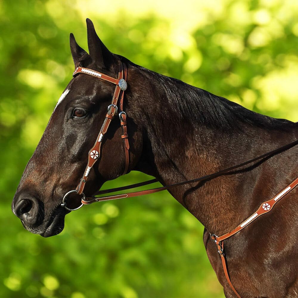 English Headstall Bridle Reins Cowhide Genuine Leather Horse Crossover Crossunder Raised Fancy Stitched Laced All Purpose Jumping Dressage Rubber Crystal Padded Adjustable Browband Full-Cob,M41