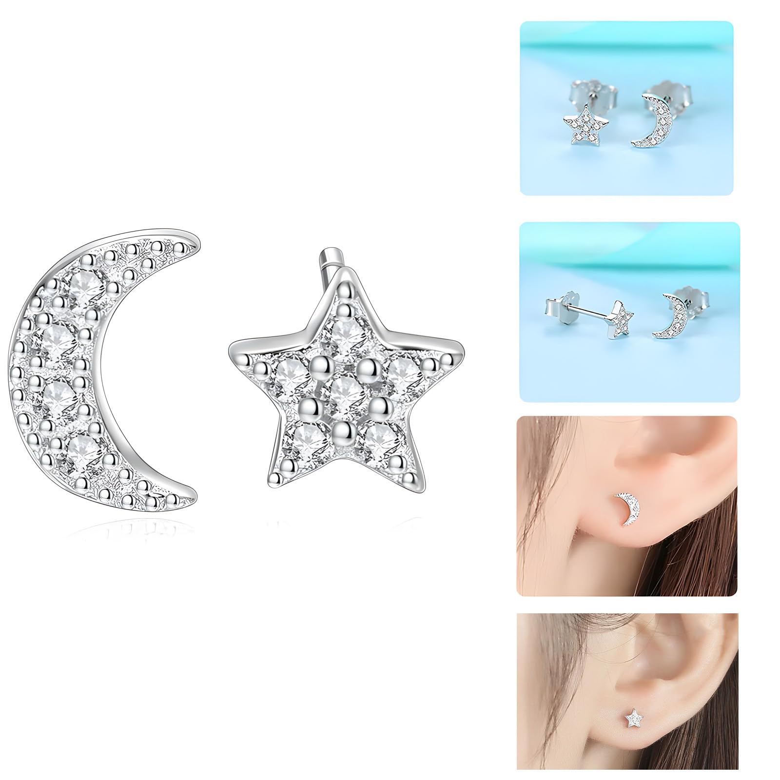 4 Paia Orecchini in Argento 925 Orecchini Stella e Luna | Ipoallergenic Piccoli con Cubic Zirconia Orecchini Argento per Donna e Ragazze