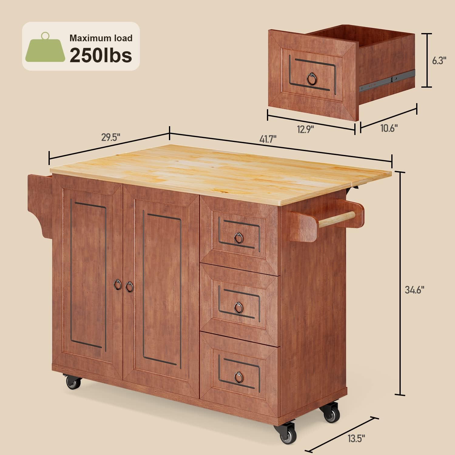 Close-up images illustrating the 360-degree universal wheels and the locking mechanism on two of the wheels.