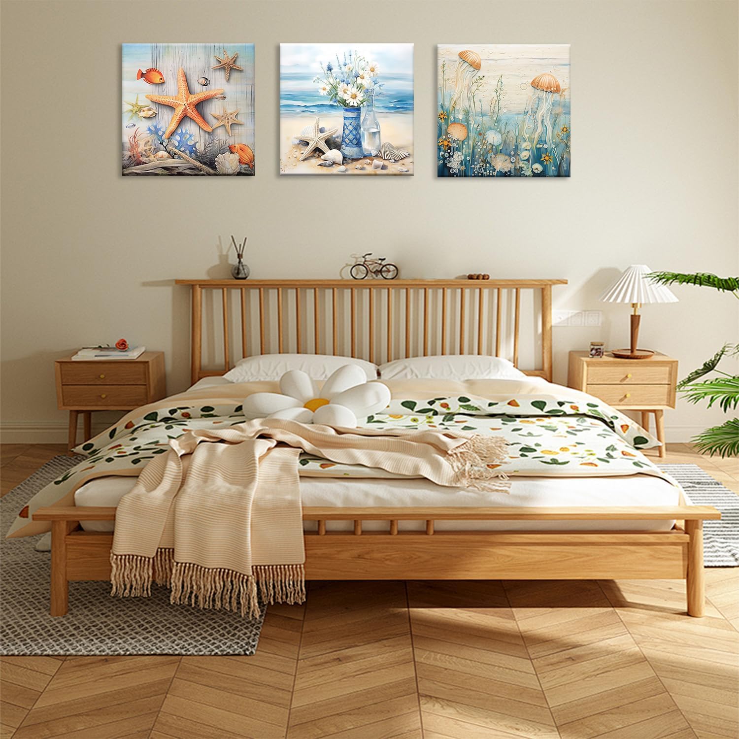 MODOJOART Bathroom Ocean Canvas Wall Art, Starfish Fish Jellyfish Paintings Pictures Modern Ocean Sea Life Artworks Posters for Living Room Bedroom Decor Set of 3(Artwork-01, 12"x12")