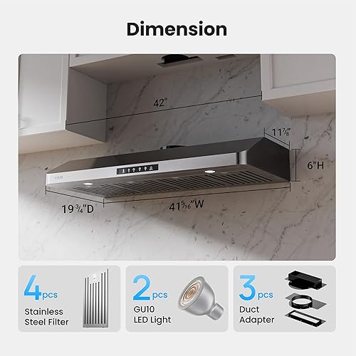 Miniatura 9 de Campana extractora de 42 pulgadas debajo del gabinete, 980 CFM, campana de ventilación de cocina de acero inoxidable con detección de gestos de 3