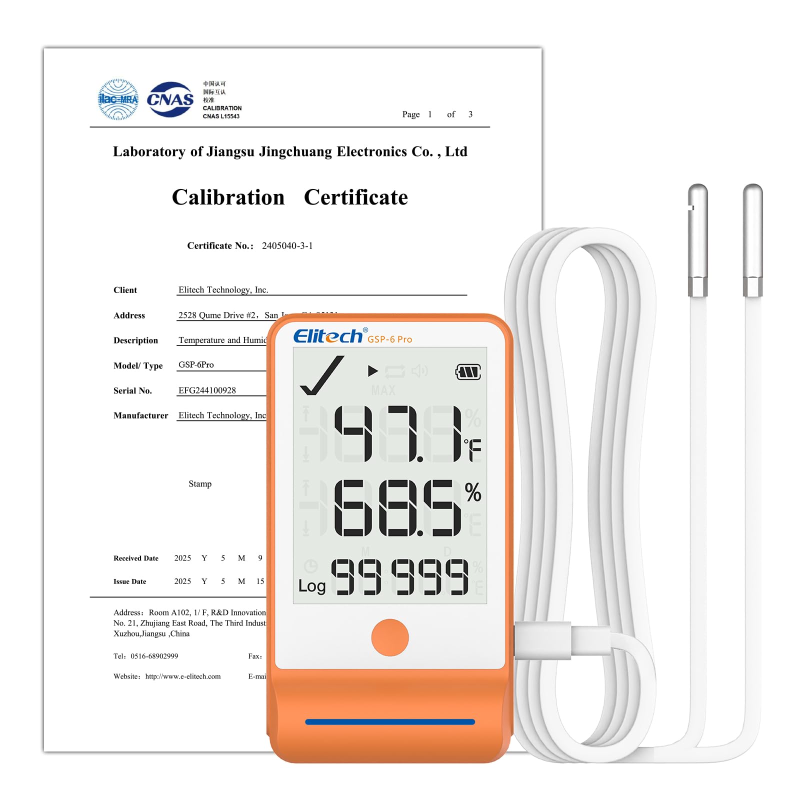 Elitech GSP-6 Bluetooth Data Logger Temperature Humidity with 100000 Points Data Storage Export, Pharmacy Vaccine DDL, MAX MIN AVR MKT, GSP-6-ISO 17025 Certified with Dual Probe TE/The