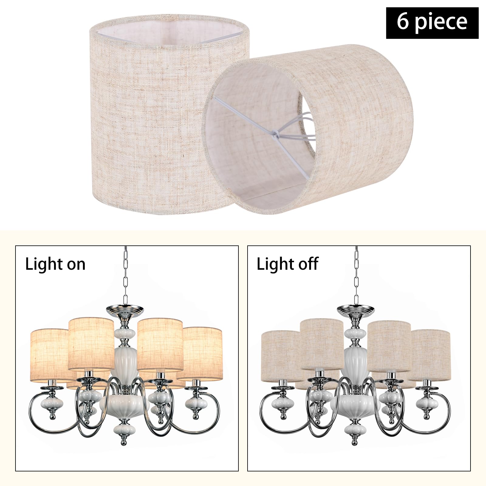 Pantallas de lámpara de araña, bombillas pequeñas con clip solo para bombillas de candelabro, pantallas de araña beige, 6 piezas, mini pantallas para candelabros de 5.1 x 5.1 x 5.3, pantalla de tela