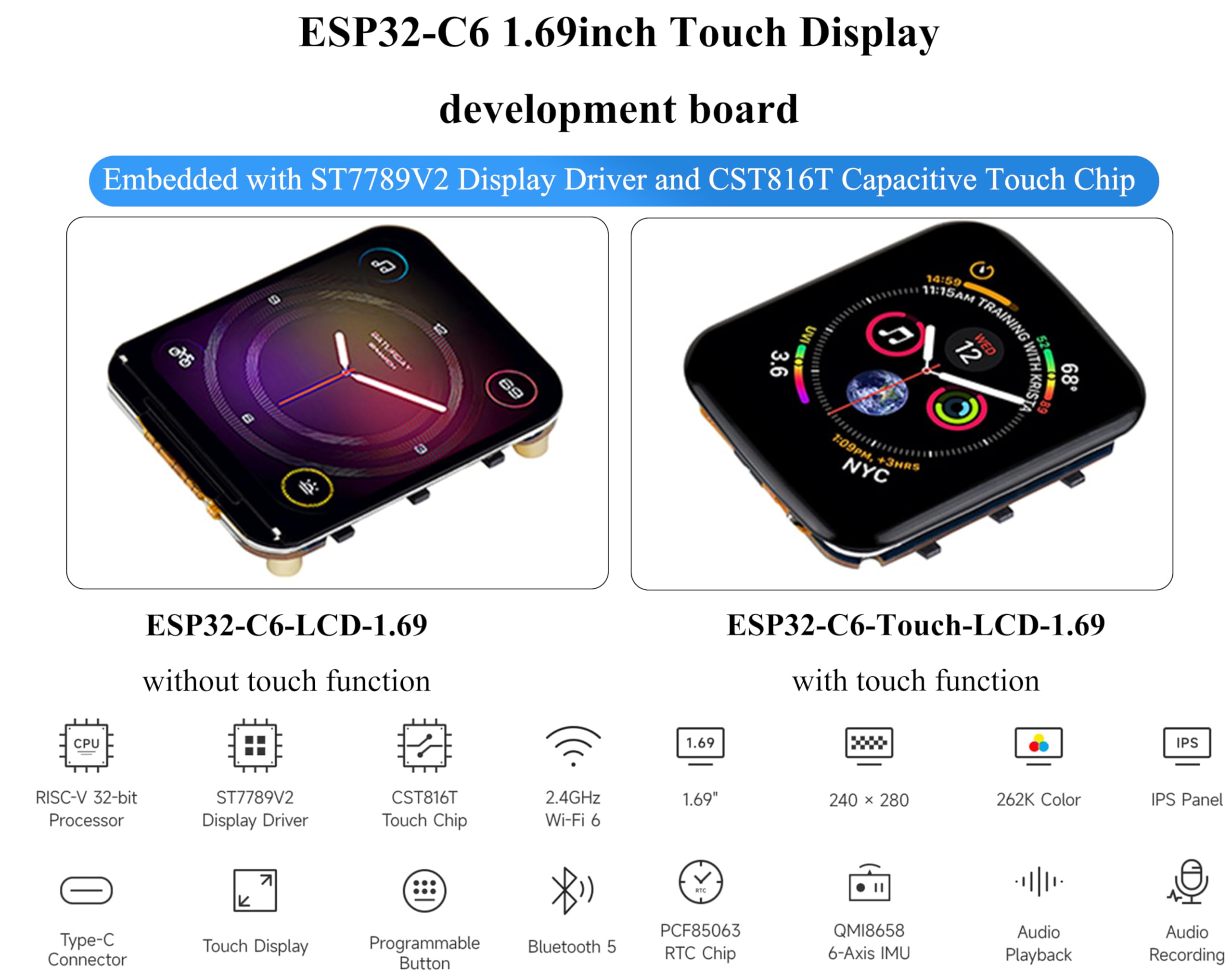 ESP32-C6 1.69inch Touch LCD Development Board, ESP32 with Display 240×280 Pixels, Supports Wi-Fi 6/BLE 5, 160MHz RISC-V Processor, SPI Interface, AI Speech, Support AI Voice Interaction, with Speaker