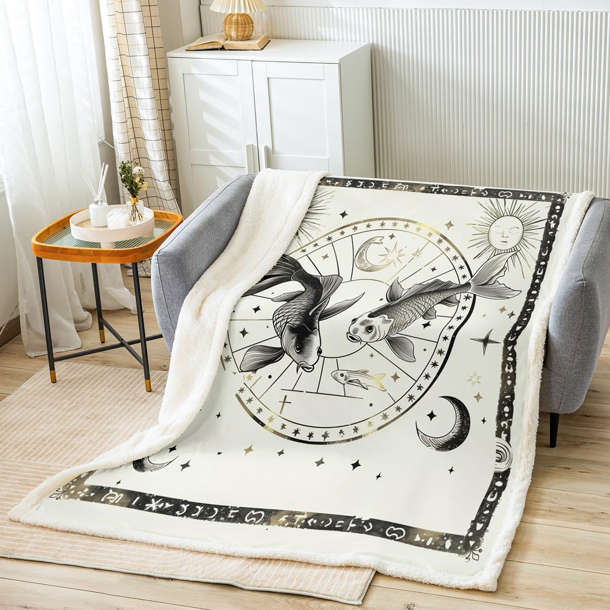 Pisces Fleece Blanket,Boho Exotic Sun Moon Starry Galaxy Beige Bed Blanket for Kids Teens,Constellations Astrology Zodiac Glitter Flannel Blanket for Room Decor,Queen 90"x90"