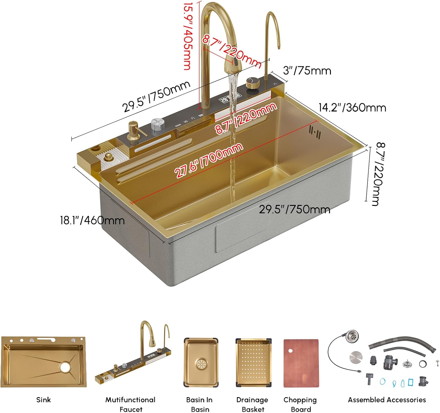 Technical drawing showing the dimensions of the homary Multifunction Kitchen Sink, including depth, width, height, and specific measurements for faucet placement and basin size.