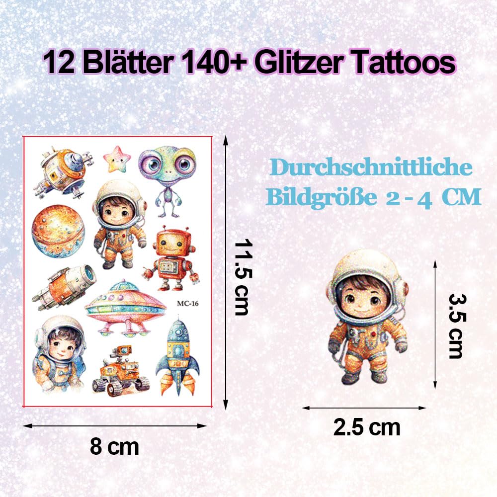 Space Glitter Tattoo for Kid 12 Sheets Temporary Tattoos for Kids Gifts for Boys Girls Party Bags Fillers Gifts - Image 3