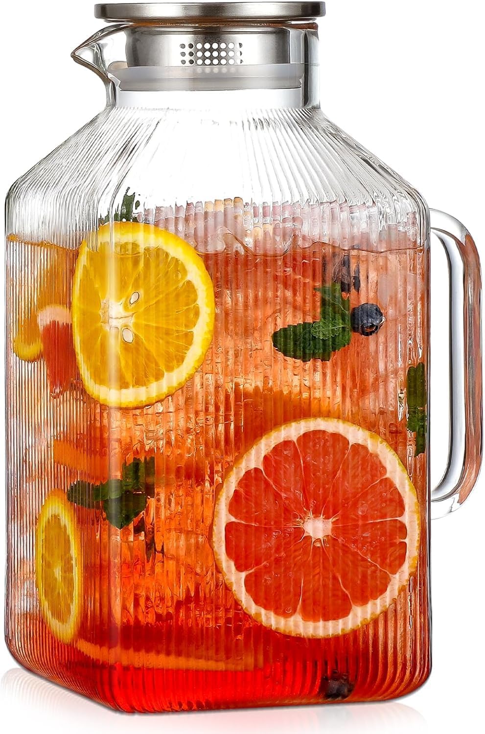 1 Gallon Square Glass Pitcher with Lid, Vertical Striped Square Pitcher with Handle, Extra Large Capacity, Heat Resistant Material, Ideal for Refrigerator Storage of Iced Tea, Coffee, Juice