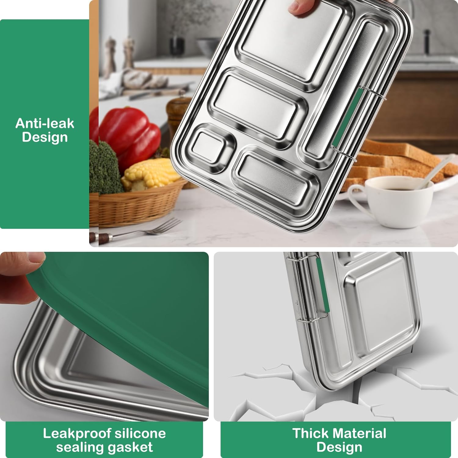 Stainless Steel Bento Box for Adults & Kids, 5-Compartment Lunch Box with 2 Sauce Containers, BPA-Free Bento Lunch Container, Dishwasher Safe, School & Work Meal Prep Lunch Container (Green)