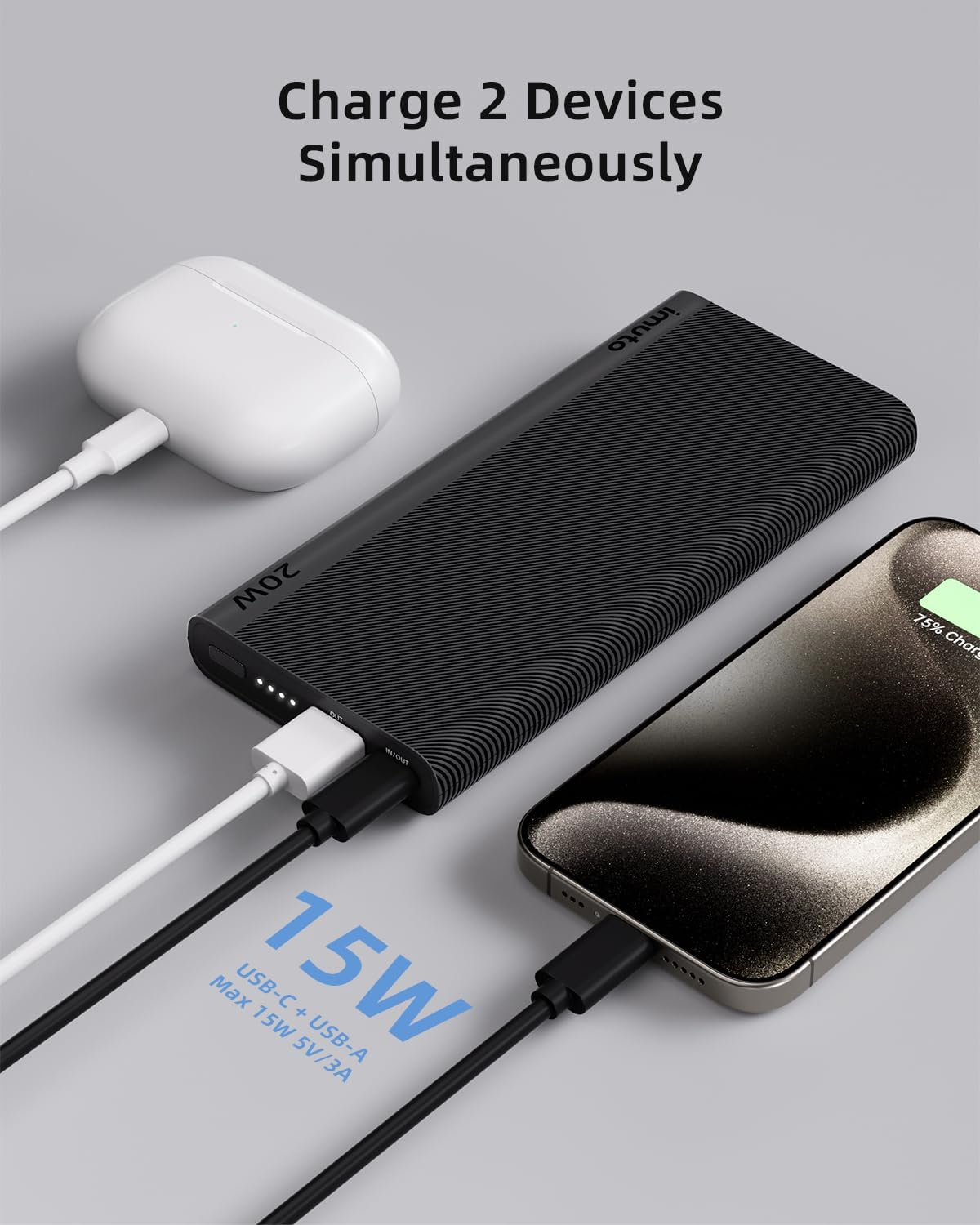 imuto portable charger charging an iPhone and AirPods simultaneously.