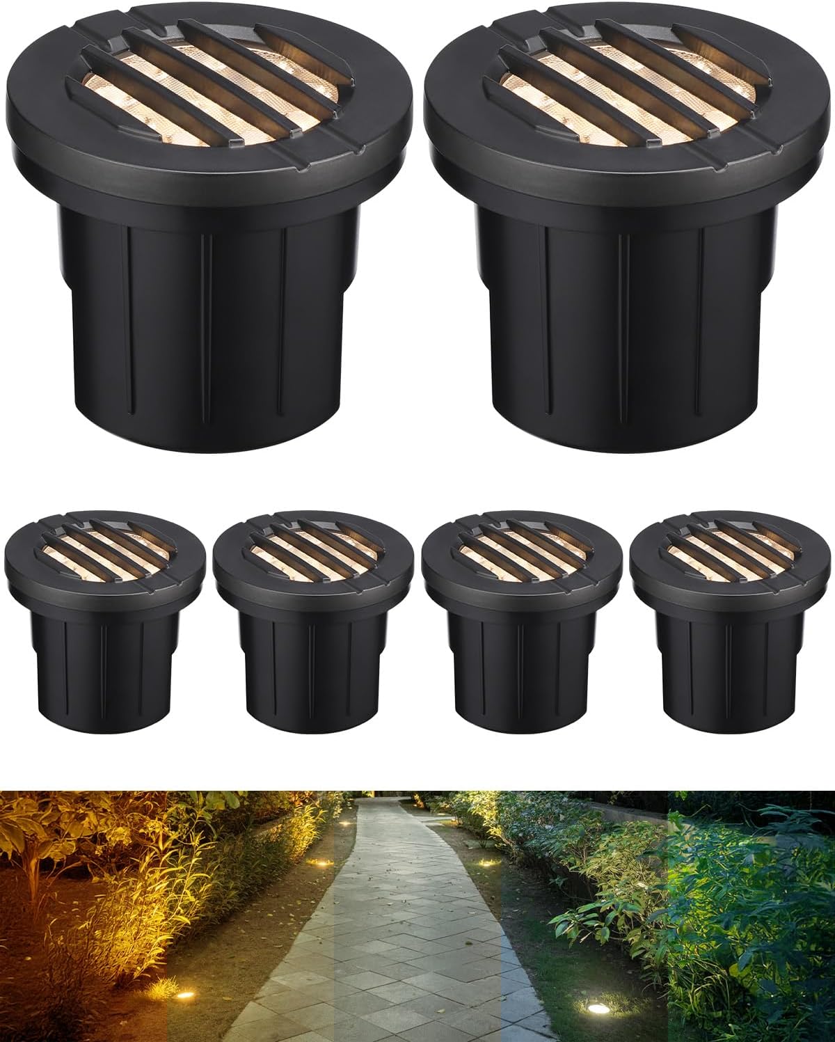 LEONLITE 6-Pack Dia. 4 Inch 5CCT Well Light Grated Top Black | 12-24V AC/DC, CRI90, 1800K/2700K/3500K/4000K/5000K, Landscape LED In Ground Outdoor, Low Voltage Garden Landscaping, Aluminum