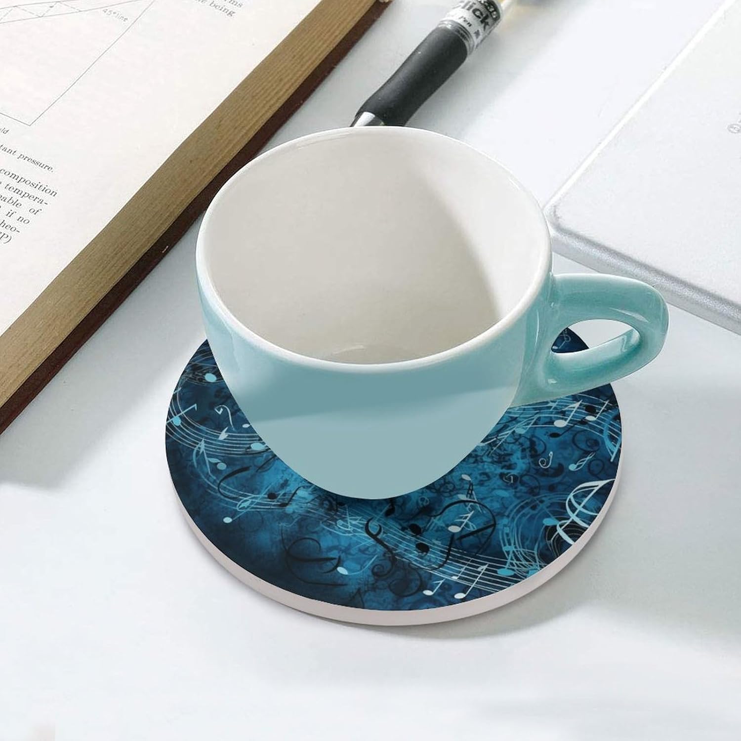 Blue Musical Notes Coaster with Cork Base Drink Coasters for Coffee Table Decor Modern Cup Coasters with Non-Slip & Heat-Resistant Cute Ceramic Table Coaster for Home Dining